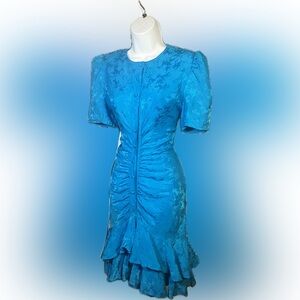 Vintage 100% Silk Jacquard Teal Blue Dress with Tiered Ruffle Hem